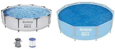 Bestway Steel Pro Max Frame Kit Piscine avec Pompe à Filtre Ø 305 x 76 cm, Gris Clair, Rond & 58241 Bâche Solaire diamètre 289 cm pour Piscine Hors Sol Ronde diamètre 305 cm Bleu