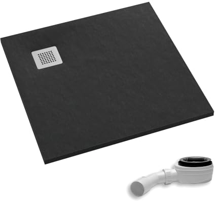 AQUABAD Duschwanne/Duschtasse Palast mit LeakProtect Technologie Black Stone 90x90cm Quadrat - Blende: polierter Stahl | inkl. Ablaufgarnitur/Siphon