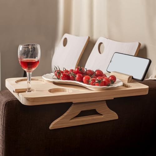 Natural Pine Sofa Armrest Tray,Drink Holder Arm with 360° Rotating Phone Stand. Holds Cups, Phones, Snacks, etc. Foldable & Clip-on Design, Easy to Clean, Organizes Drinks, Remotes & More