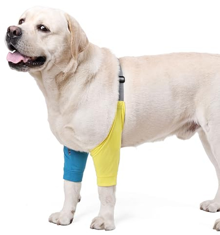 Gelenkschutz für Vorderbeine, Ellenbogenschoner mit Polster für mittelgroße und große Hunde, verhindert das Lecken von Wunden, Größe L (Gelbblau)