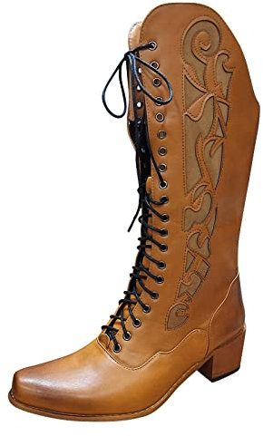 Stivali da donna 10 larghi in pelle di vitello tinta unita autunno suola spessa tacchi quadrati stivaletti medi punta rotonda scarpe da donna stivali alti tacco basso polpaccio largo, Marrone, 40 EU