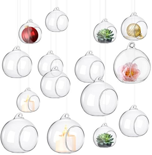 GlikCeil Glas-Teelichter, Kerzenhalter zum Aufhängen, große Kugeln, befüllbar, transparent, Terrarienkugeln, Luftpflanzenhalter mit Angelschnur, Hochzeitsdekoration, 24 Stück