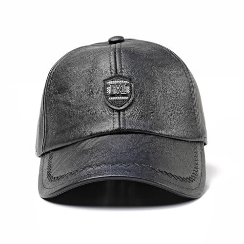 BaronHong Casquette de baseball en cuir synthétique pour homme - Étanche - Coupe-vent - Avec cache-oreilles, Noir , M