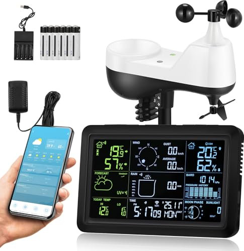 Bonvoisin Stazione Meteo 7-in-1 con Sensore Esterno Wireless a Energia Solare, Display Colorato WIFI, Viene con 2 Set di Batterie e Caricabatterie di Backup, Facile Installazione (EU)