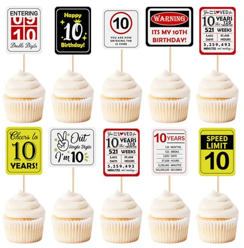 Blumomon 36Pcs 10th Happy Birthday Cupcake Toppers Happy 10 Cupcake Decoration Cheers to 10 Years Cake Decoration for 10th Birthday Party Decoration 10th Anniversary Cake Decoration
