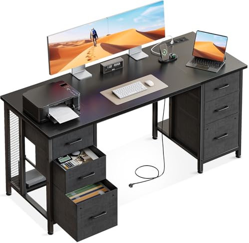 Coleshome Bureau avec 6 Tiroirs, 160x52 cm Bureau Informatique 2 Prises de Courant et 2 Ports de Chargement USB, Bureaux Gaming avec étagères pour Le Bureaux à Domicile, Noir