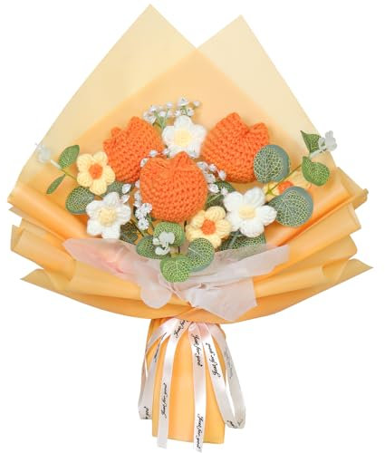 Dremisland Herbst Kunstblumen Gehäkelte Tulpen Blumenstrauß Gänseblümchen Künstliche Blumen Herbstdeko Gehäkelte Fake Blumen Autumn Tulpe Pflanzen Weiche Gestrickte Geschenk für Freunde Familien