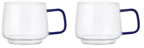 La Cafetière - Set di 2 tazze in vetro borosilicato resistente al calore, con manico in vetro blu, eleganti tazze per tè, caffè, cioccolata calda, impilabili, lavabili in lavastoviglie, 275 ml