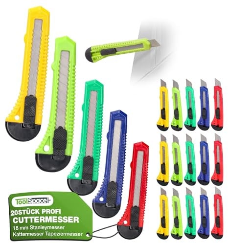ToolSpace 20 Stück Cuttermesser Set 18 mm 20x Teppichmesser Scharfe Klinge Robustes Profi Cutter Messer Stanleymesser Kattermesser Tapeziermesser Besser als Einweg Stanley Messer mit Abbrechklinge