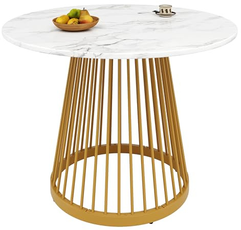 Table à manger ronde moderne avec plateau rond en MDF et pieds ronds en métal pour 4 personnes, table de salle à manger pour salle à manger et salon, diamètre : 80 x H : 76 cm (doré)