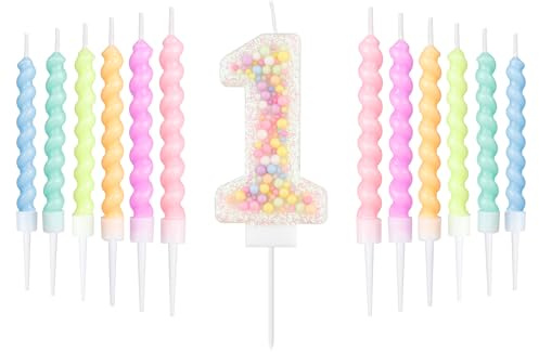 Weiße Makaron 1. Geburtstag Kerzen Set,Mädchen Junge 1.Geburtstag Dekorationen,Nummer 1 Kerze für Kuchen,12pcs Pastell Spiral Kerzen Regenbogenkerze für Mädchen Junge Party Dekoration,Baby Duschen