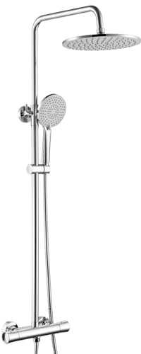 Auralum Columna Ducha Termostatica,duchas de baño Conjunto con Grifo Ducha Termostatico,ABS Cabezal de Ducha Lluvia 250x250mm,Alcachofa de Ducha con 3 Modo,Barra de Ducha Altura Adjustable,Cromado