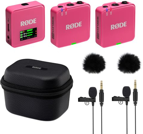 Rode Wireless GO Gen 3 Wireless 2-Channel Microphone Radio System Pink with Charge Case + 2 x Lavalier GO Microphone and 2 x Fur Wind Protection