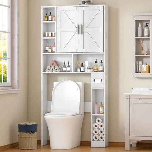 GoaHi Tall Over The Toilet Cabinet with Doors & Adjustable Shelves, Bathroom Storage Unit Featuring Toilet Paper Holder, Space-Saving Solution for Bathroom, Laundry Room & Restroom - White