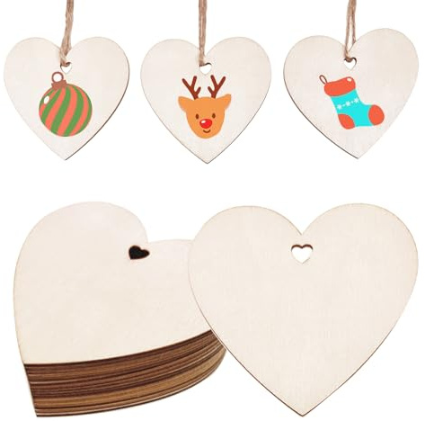 72 x Holz Herzen mit Loch, 7cm Holzherzen Zum Beschriften, Holzherzen Deko | mit 10m Jute Schnur, Holzanhänger Herz zum Basteln für Hochzeit Party Geburtstag Weihnachten