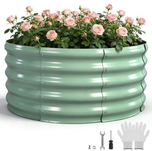 Bancal alto de metal 90 x 90 x 43 cm, de acero galvanizado para el jardín, para verduras, hierbas, flores, jardín, color verde claro, redondo