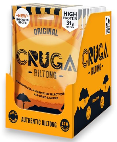 Cruga Biltong Original 12 Tüten à 60g – Premium Rindfleisch Trockenfleisch – High Protein Snack über 50% Eiweiß – Glutenfrei Low Carb – Beef Jerky Alternative – Fitness Snack für Gym, Sport, Outdoor