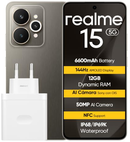 realme 15 5G Smartphone 5G, 12GB+256GB, Display 6.77 AMOLED 144Hz, Batteria 6600mAh, Fotocamera 50MP AI, IP68/IP69K Impermeabile, NFC, Dual SIM, Black