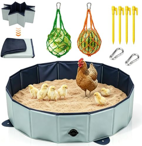 80 cm sandbad höns 2 matnät kyckling PVC vikbar pool hundpool liten | Sandbad fjäderfä, pool vikbar, utan uppblåsning, vattentät stabil, för kycklingar små djur med 2 nät 4 pinnar 2 karbinhakar