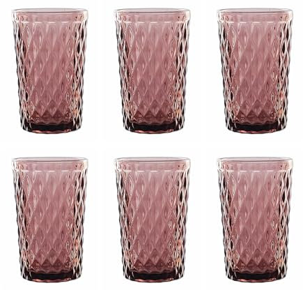 Juego de 6 copas de vino y vasos de colores vintage con patrón de diamantes, vasos de cóctel con relieve, cristal, copas de vino, copas de agua, copas de cristal (morado)