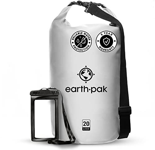 Earth Pak – Wasserdichter Packsack mit Schultergurt und wasserfester Handyhülle – Ideale Rolltop Tasche beim Kajak Fahren, Wandern, Camping, Angeln, Bootfahren und Rafting (Weiß, 55L)