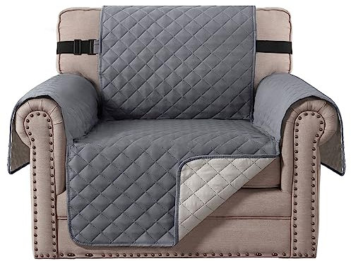 1 Sitzer Bezug Stuhl Schonbezug rutschfeste Sofaüberzug Möbelschutz, Baumwollähnliches Material, 5 cm Dicke Riemen, Perfekt für Kinder, Hunde, Katzen, Haustiere (Stuhl/Einsitzer Grau/Beige)
