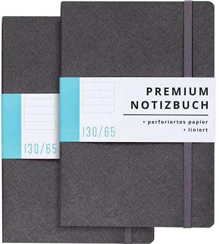 PAPERCODE Notizbuch liniert mit edlem Kunstledereinband – 130 Seiten – Tagebuch für Erwachsene, Schüler, Studierende – Doppelpack – schwarz/grau