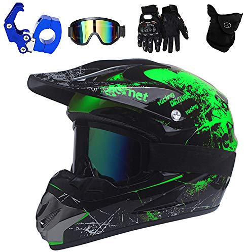 PKFG® Motocross Cross Helm Herren Schwarz Grün Set, Erwachsene Motorrad Crosshelm mit Helmhaken Brille Maske Handschuhe Geeignet für Mountainbike Motorcycle ATV Cross-Country Sport Schutz,S(52~53CM)