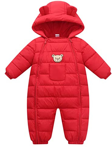 JiAmy Bébé Combinaison de Neige Garçons Filles Barboteuse à Capuche Tenues d'hiver Manches Longues Ours Rouge 12-18 Mois