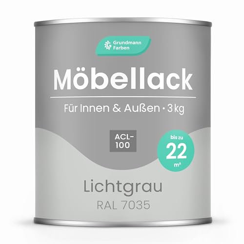 Grundmann Möbellack ACL 100 - Hellgrau 3 Kg - Lösemittelfrei & Geruchsarm - 4in1 Möbelfarbe inkl. Grundierung - Innen und Außen - Für Holz, Metall & Kunststoff - RAL 7035 Lichtgrau