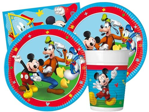 Isola Party Kit fête d'anniversaire écologique Mickey Mouse pour 24 personnes (24 assiettes en carton ⌀ 23 cm, 24 gobelets en plastique 200 ml, 40 serviettes en papier 33x33 cm)