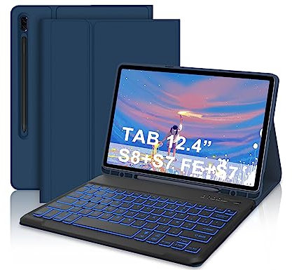 IVEOPPE Étui Clavier pour Samsung Galaxy Tab S7 FE/ S7 Plus/ S7+/ S8+ 12,4 Coque Mince, Détachable Rétro-éclairage 7 Couleurs Bluetooth Français [AZERTY] Clavier, Housse avec Porte-Stylo, Bleu