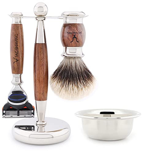 Jag Shaving Rasierset - JAG's LEE Range 4-teiliges Rasierset - Silberspitz Dachshaar Rasierpinsel - 5 Rasierklingen Rasierhobel - Rasierständer aus Edelstahl und Holz - Rasierschale - Holz Set