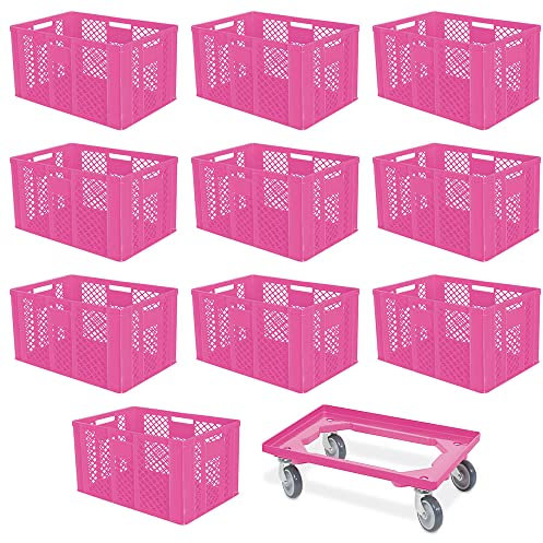 BRB 10 Euroboxen, LxBxH 600x400x410 mm, lebensmittelecht + 1 Transportroller, pink