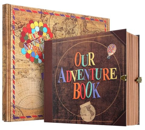 Our Adventure Book, Retro Scrapbook Photo Album, Movie Up Travel Scrap Book for Anniversary Wedding Holiday Valentines Day Birthday (Red) … (Lock Set)