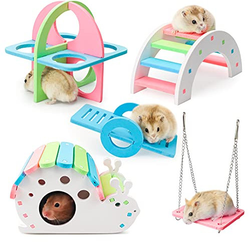 5 Pcs Hamster Toys Set Rainbow, DIY Hamster Hideout House Rainbow Bridge Swing and Seesaw, Pet Sport Exercise Toys Set Hamster Cage Accessories for Gerbil Mouse and Small Pets (S)