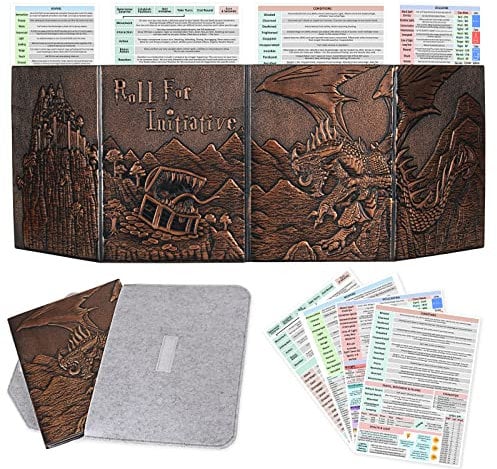 DND Dungeon Master Bildschirm Kunstleder Geprägter Drache & Mimic, 4-Panel mit Taschen, DM-Sieb für Dungeons and Dragon, Pathfinder, D&D