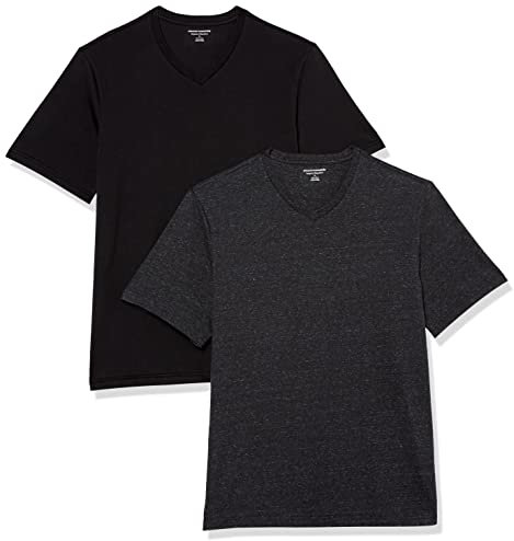 Amazon Essentials Men's Short-Sleeve V-Neck T-Shirts, Pack of 2, Black/Charcoal Heather, XS