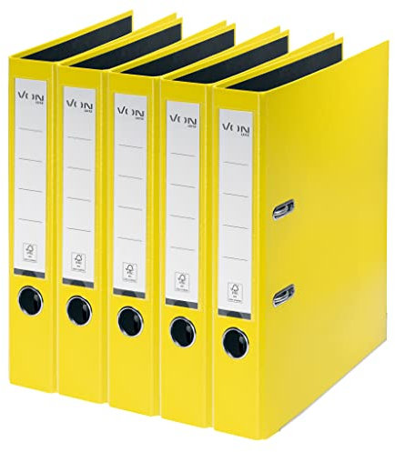VON Leitz 5er Pack Ordner A4, Karton mit Kunststoffeinband, 50 mm Rückenbreite, Für 350 Blatt, FSC-zertifizierter Karton, Für Schule, Studium & Haushalt, Gelb, 10561015