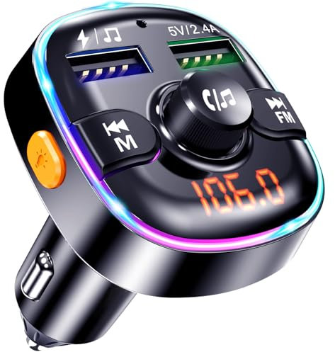 FM Trasmettitore Bluetooth Auto, Adattatore Macchina con Radio AUX MP3, 2 Porte USB, Musica Accendisigari con Luce Colorata 7 LED, Transmitter Dispositivo, Supporta Scheda TF & Chiavetta USB