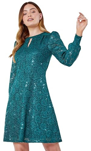 Roman Originals Women Lace Sparkle Swing Dress - Ladies Spring Holiday Summer Long Sleeves Vacation Evening Smart Casual Work Round Neck