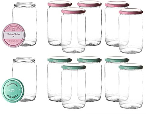 BigDean 12er Set Einmachgläser mit Deckel in rosa und pastell-grün in made with love Stil - 720ml groß - Sturzgläser Marmeladenglas