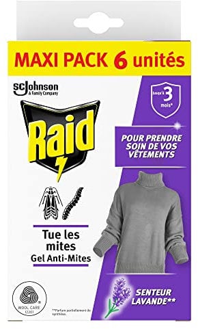 Raid - Gel Anti-Mites Senteur Lavande - Protège Les Vêtements Jusqu'à 3 Mois - Parfume Délicatement - Certification Woolmark - Maxi Pack 6 Gels