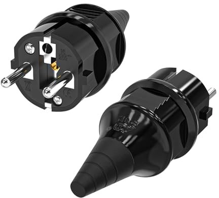 VIEVRE 2 Stück Schuko Stecker Aussenbereich,Schuko Stecker,Stecker,Stecker 250V (16A),Schukostecker,Schuko Stecker IP44,Schutzkontakt-Stecker mit Knickschutztülle(Schwarz)