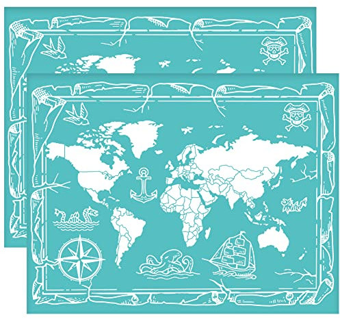 OLYCRAFT 2 Stück 28x22 cm Karte Selbstklebende Siebdruckschablone Seekarte Siebdruckschablone Weltkarte Wiederverwendbare Netzschablonen Transfer Für DIY T Shirt Stoffmalerei