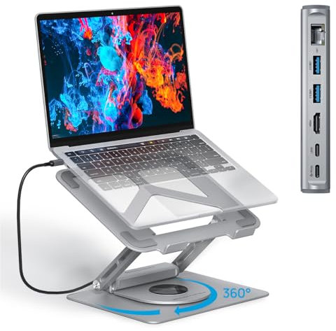 Adjustable Laptop Stand with 360 Rotating Base & USB Docking Station for MacBookPro/Air/Dell/HP/Lenovo, Portable Ergonomic Laptop Riser for Desk with USB Hub 100W PD/4K HDMI/Usb3.0/1000Mbps Ethernet