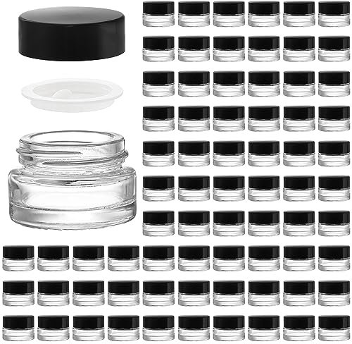 Coloch Lot de 90 Petits Pots Verre de 5 ml avec Couvercle Noir, Transparent et Hermétique pour Cosmétiques, Lotion, Crème, Échantillons, Cire, Soins de la Peau, Voyages, Magasin de Détail