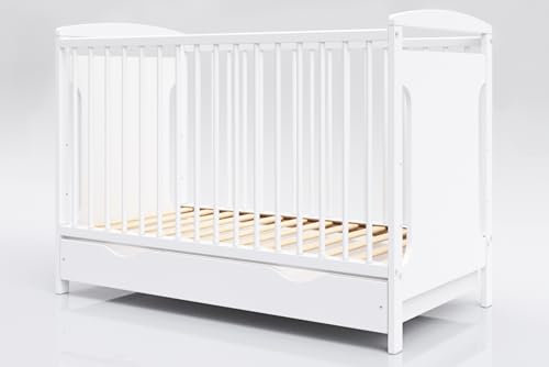 Happy Babies Bett mit Gitter, 3 Farben, ohne Matratze 10 cm, Schaumstoff, weiß, 4-teilig, 120 x 60 cm (weiß, ohne Matratze) Kinder-Bett für Mädchen & Jungen - MIA (Mit Schublade)