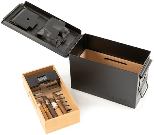 CASE ELEGANCE - The Smoke Can 50CAL Humidor, Thick Metal Munition Box, Spanish Zedern-Regale, Black Ops Finish, 69% Luftfeuchtigkeit, Starter Pack, Digitales Hygrometer, Magnetisches Zubehöretui -