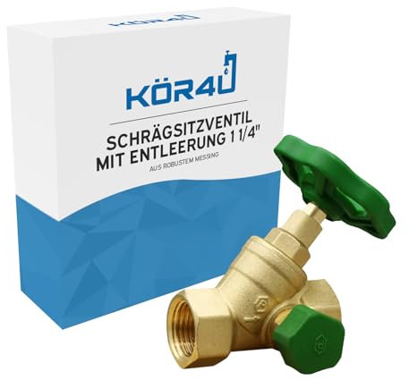 kör4u Schrägsitzventil 1 1/4 Zoll, Messing, steigende Spindel, beidseitigem Innengewinde, Trinkwasser geeignet (1 1/4 mit Entleerung)